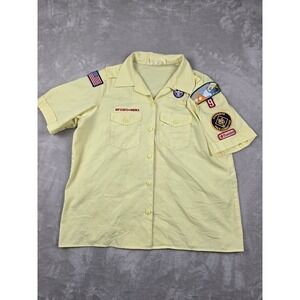 Vintage Boy Scouts of America Shirt Blouse Women XL Yellow Short Sleeve Patches